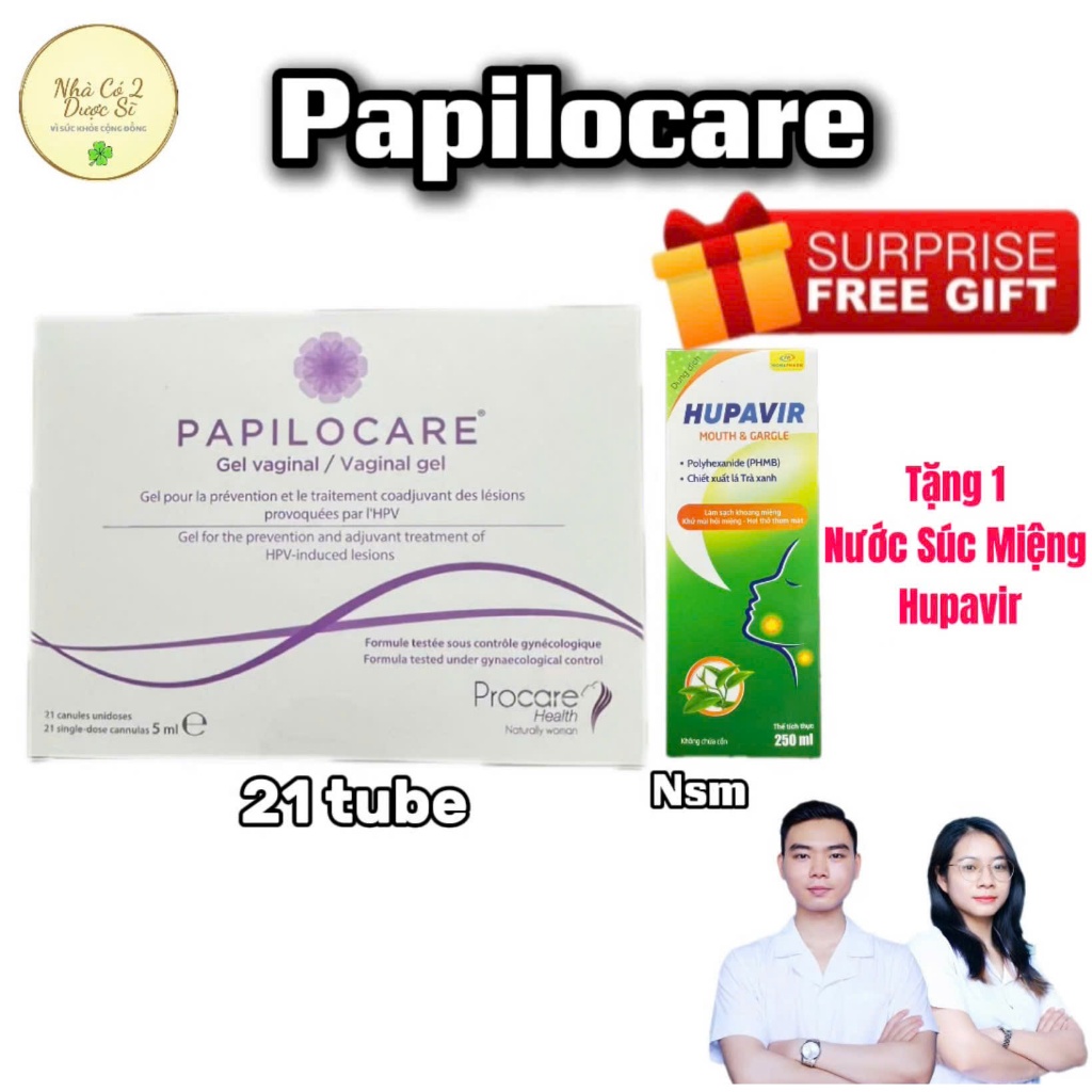 [Tặng NSM] Papilocare 21 Tube Hỗ Trợ HPV Cho Cả Nam Và Nữ Tặng 1 Lọ Nước Súc Miệng Họng Hupavir 250m