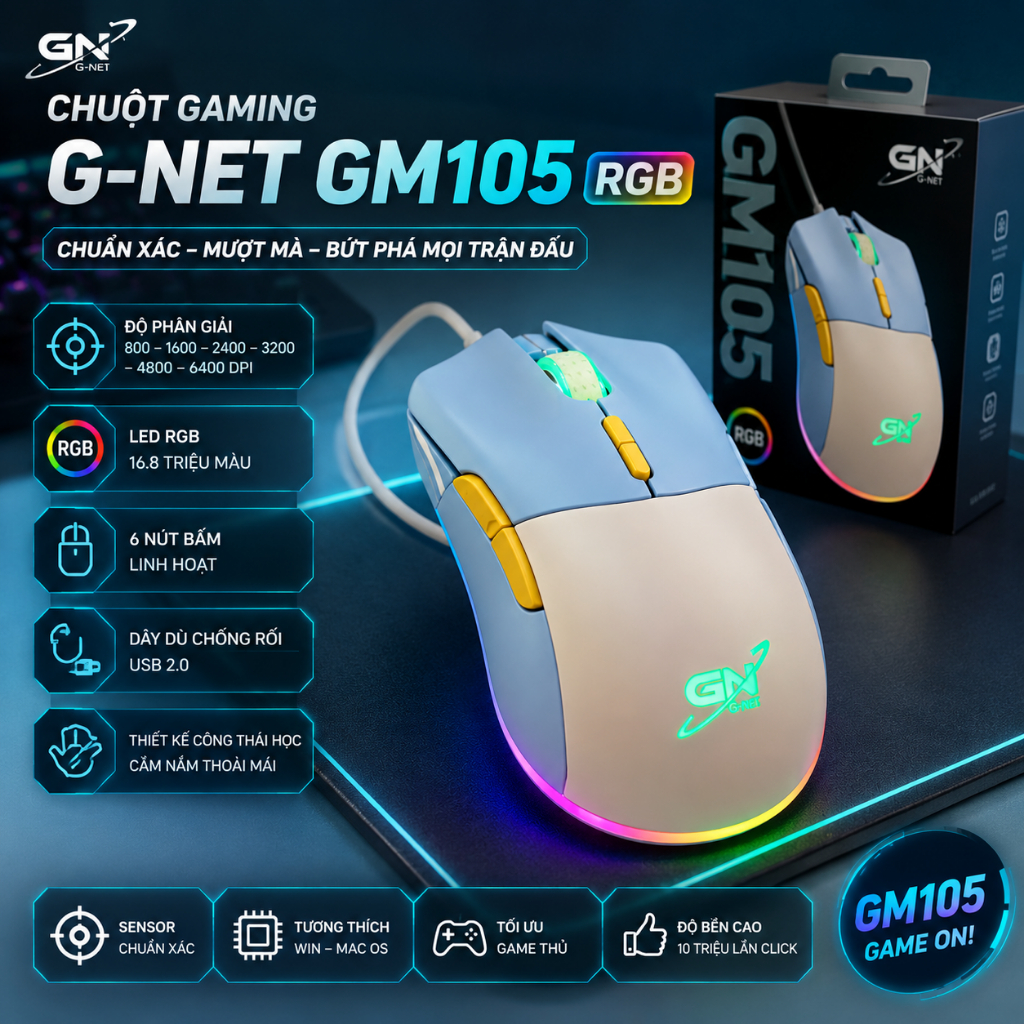 Thanh lý chuột G-NET GM105 RGB 12400 DPI chính hãng loại 1 giá cực tốt