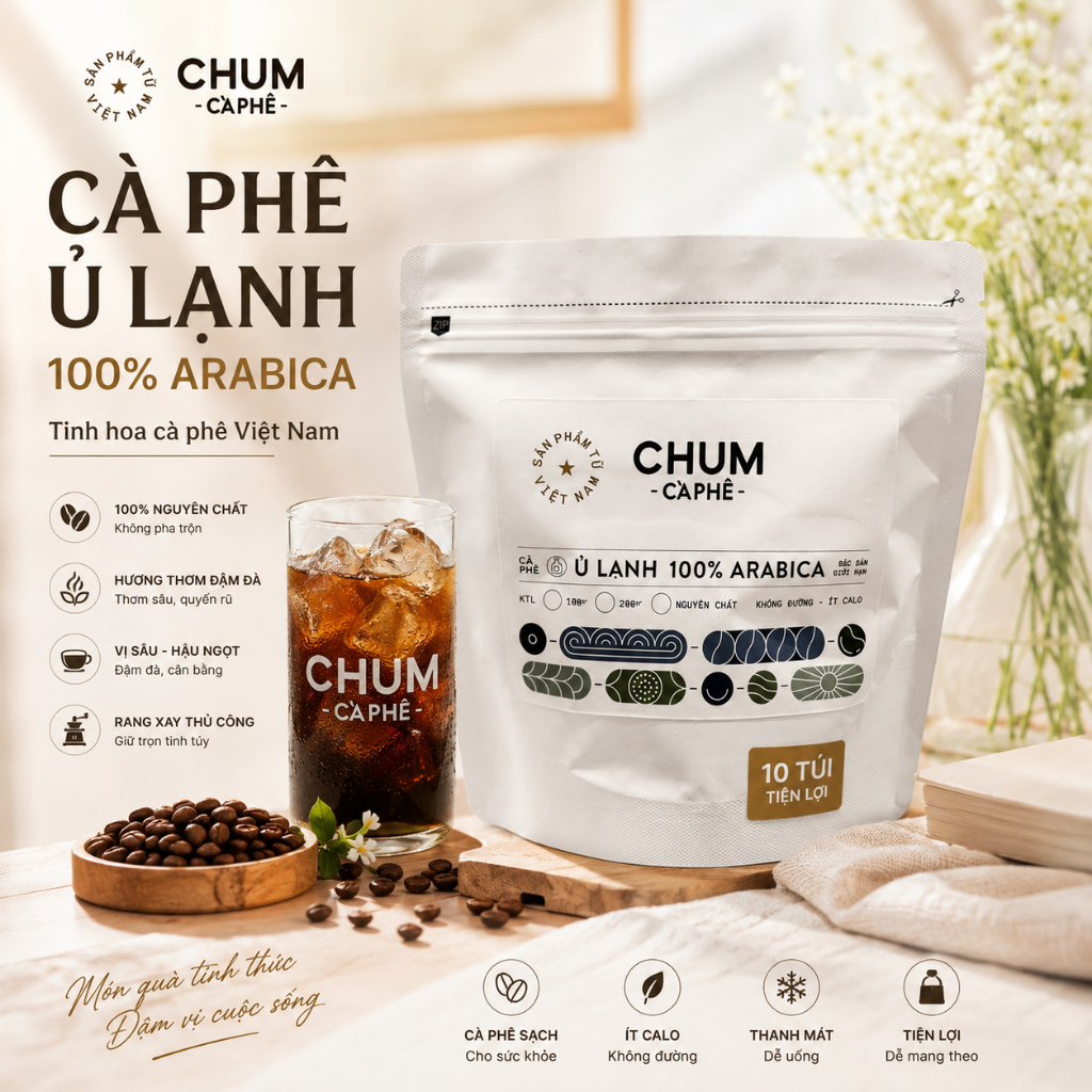 Cà Phê Ủ Lạnh Arabica CHUM CÀ PHÊ 10 Túi – 100% Nguyên Chất – Thơm Đậm Vị – Cold Brew Arabica Cao Cấ
