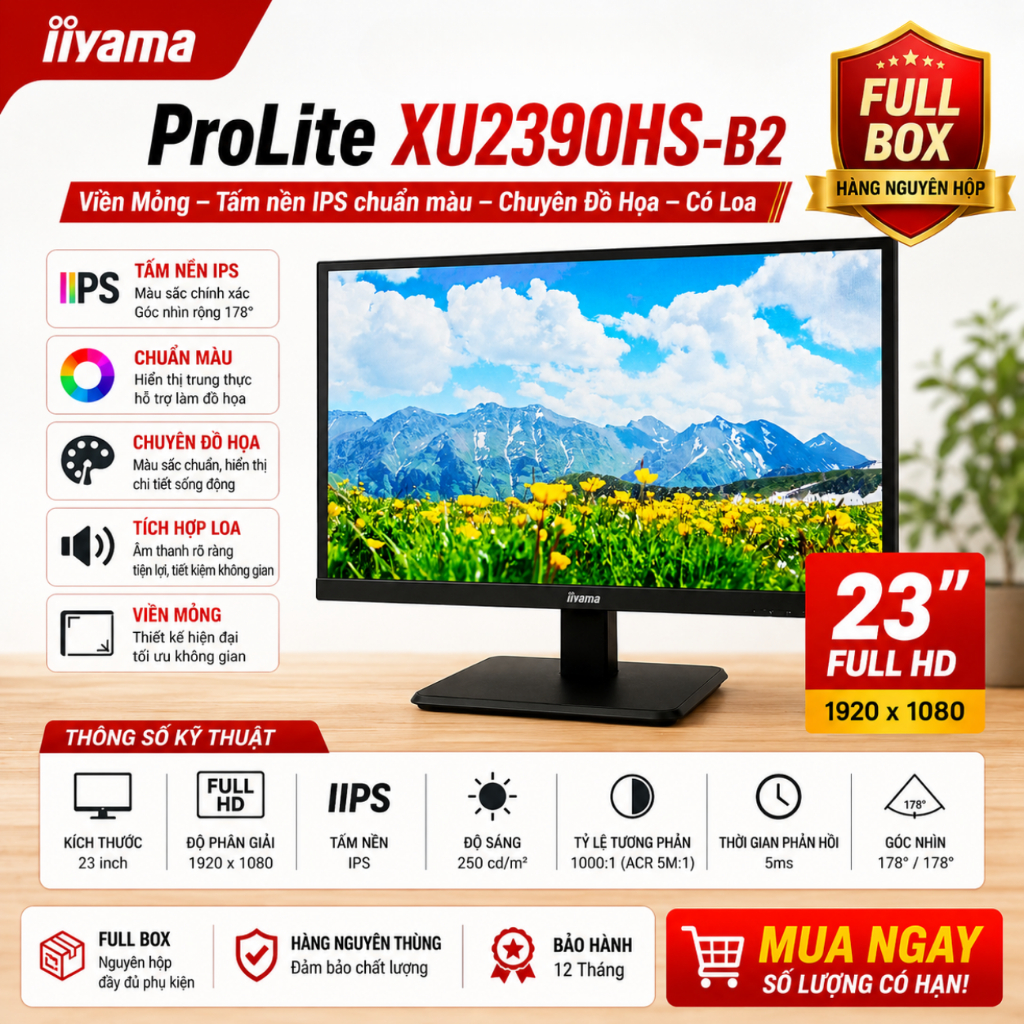 Màn hình 23" IIYAMA ProLite XU2390HS-B2 [FULL BOX] - Viền Mỏng, Tấm nền IPS chuẩn màu, Chuyên Đồ Họa