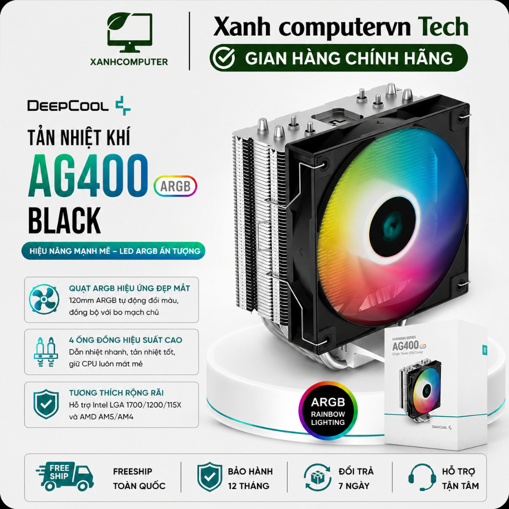 Tản nhiệt Khí DeepCool AG400 ARGB Black - Hãng chính hãng