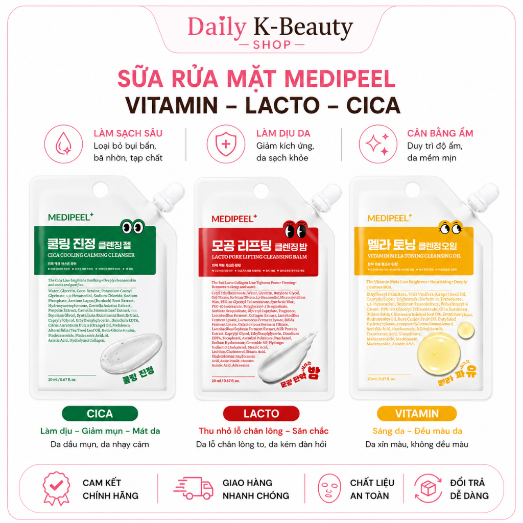 SỮA RỬA MẶT MEDIPEEL 30ML DẠNG TÚI  – VITAMIN / LACTO / CICA – HÀNG CHÍNH HÃNG