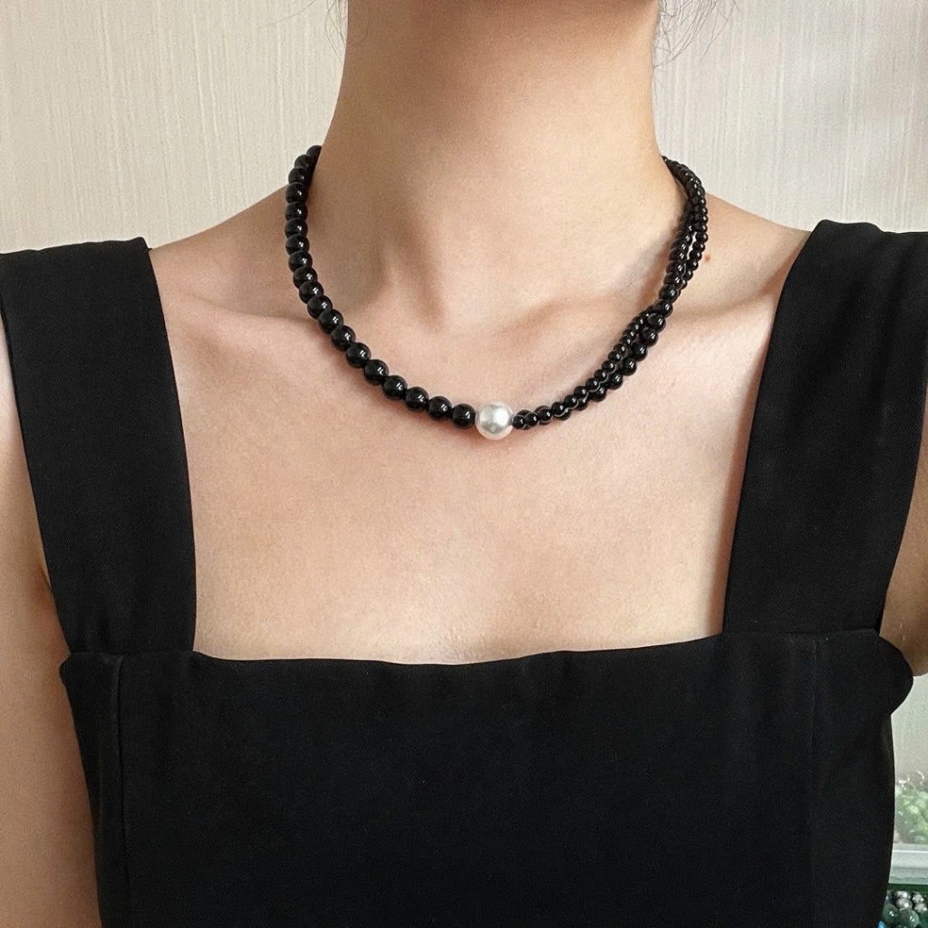 Vòng cổ chuỗi hạt đen phối ngọc trai nhân tạo D64