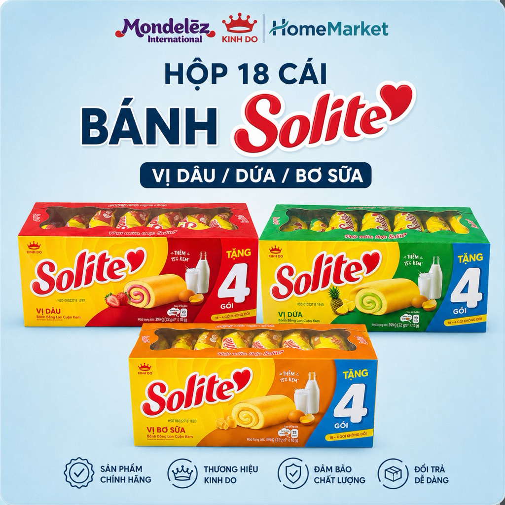 BÁNH BÔNG LAN SOLITE CUỘN KEM VỊ DỨA/ DÂU/ SOCOLA/ SỮA 324G