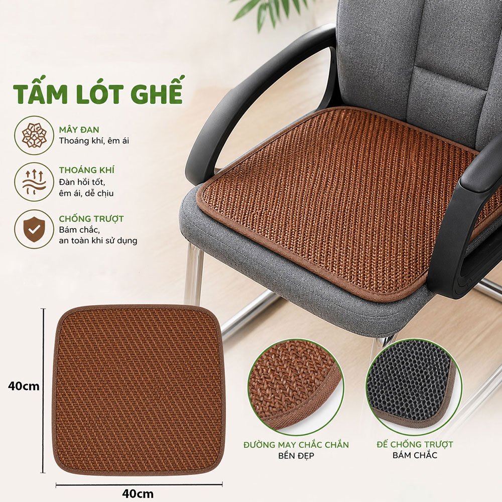 Tấm Lót Ghế Mây 40x40cm - Đệm Ghế Điều Hòa Thoáng Mát, Có Lớp Đệm Chống Trượt, Viền Vải, Dễ Vệ Sinh