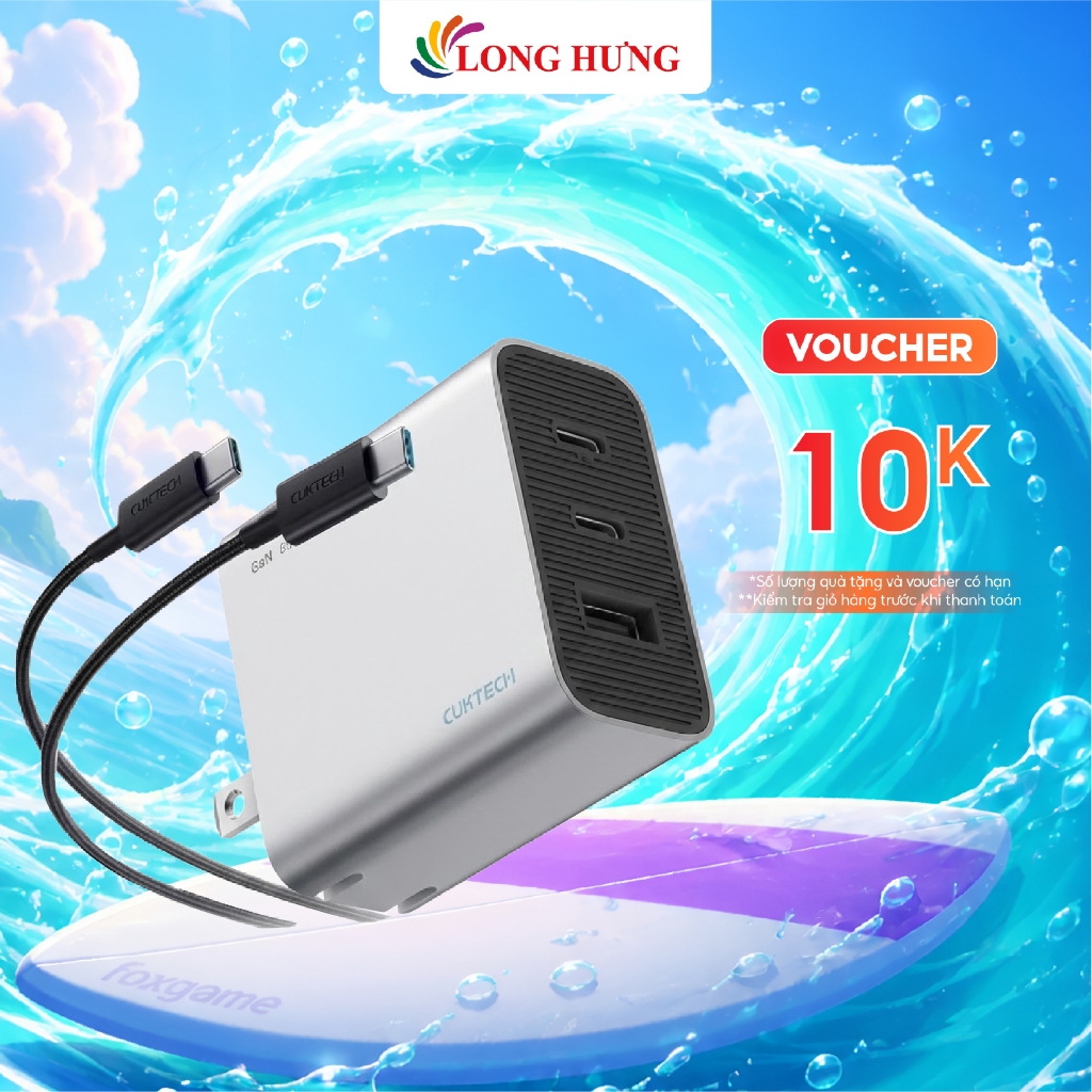 Combo cốc sạc Cuktech 1USB 2Type-C 65W + Cáp USB Type-C to Type-C AD653C - Hàng chính hãng