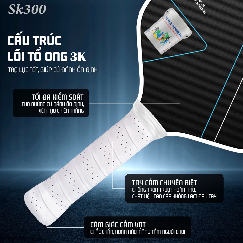 Vợt pickleball siêu cấp, mặt vợt carbon 3k ,nhám, trợ lực SK300