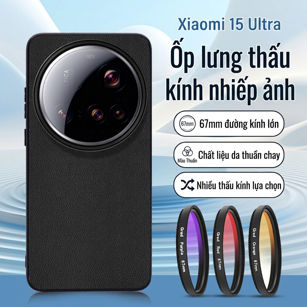 Ốp Lưng Da PU Adapter Gắn Lens Filter 67mm Cho Xiaomi Mi 15 Ultra - Viền TPU Họa Tiết Đồng Tâm, Chốn