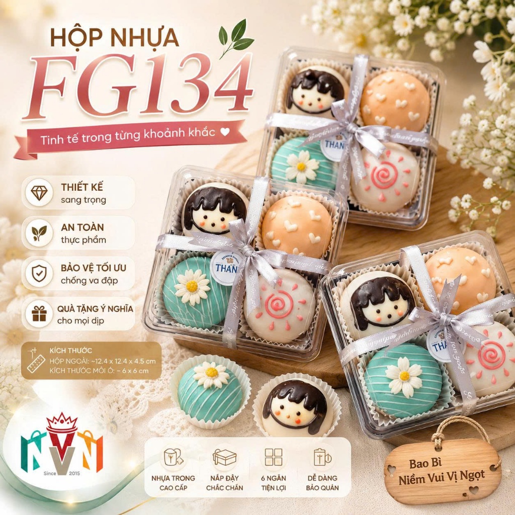 50 Hộp Nhựa 4 Ô Vuông, 4 Ngăn Đựng Bánh Trung Thu 50-75gr, Mochi, Bánh Su (FG134)