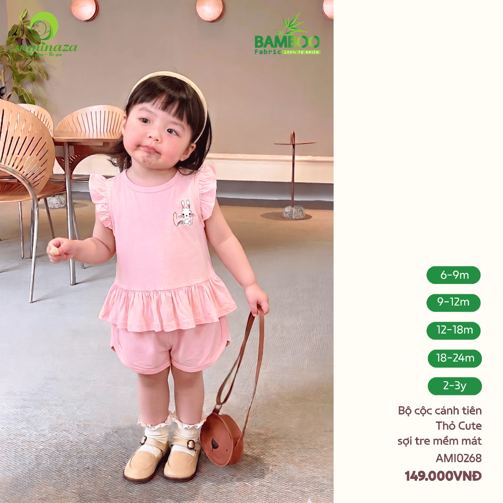 [Anminaza] Bộ Cộc Tay Cánh Tiên Cho Bé Gái Anminaza Vải Sợi Tre Mềm Mại Thấm Hút Tốt AMI0268