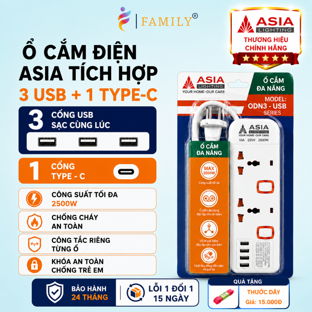 Ổ Cắm Điện ASIA Lighting FAMILY VN Cổng TYPE - C, 3 Cổng USB, Công Suất 2500W, Có Công Tắc An Toàn