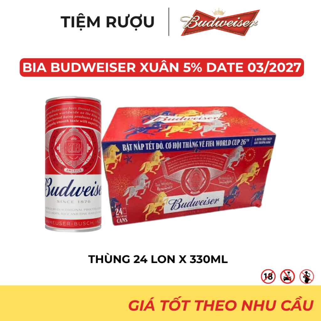 Thùng 24 Lon Bia Budweiser Xuân 2026 Nồng Độ 5% 330ml Date 03/2027 - Sắc Đỏ Tết, Ngựa Vàng May Mắn