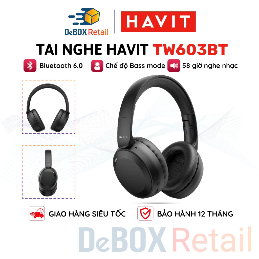 Tai nghe Bluetooth Headphone Havit H603BT Pin 58 tiếng | Bluetooth 6.0 | Chế độ Bass mode - Chính hã