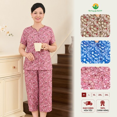 Đồ bộ lanh trung niên Việt Thắng áo mở khuy quần lửng họa tiết mềm mát thoáng khí mặc nhà	B06.6052