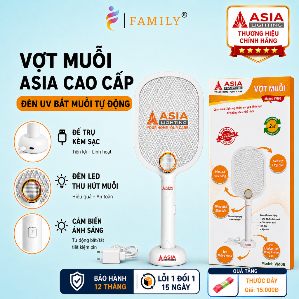 Vợt Muỗi Điện ASIA Lighting 2in1 FAMILY VN – Đèn Bắt Muỗi Tự Động, Lưới 3D, Đế Sạc, Cảm Biến