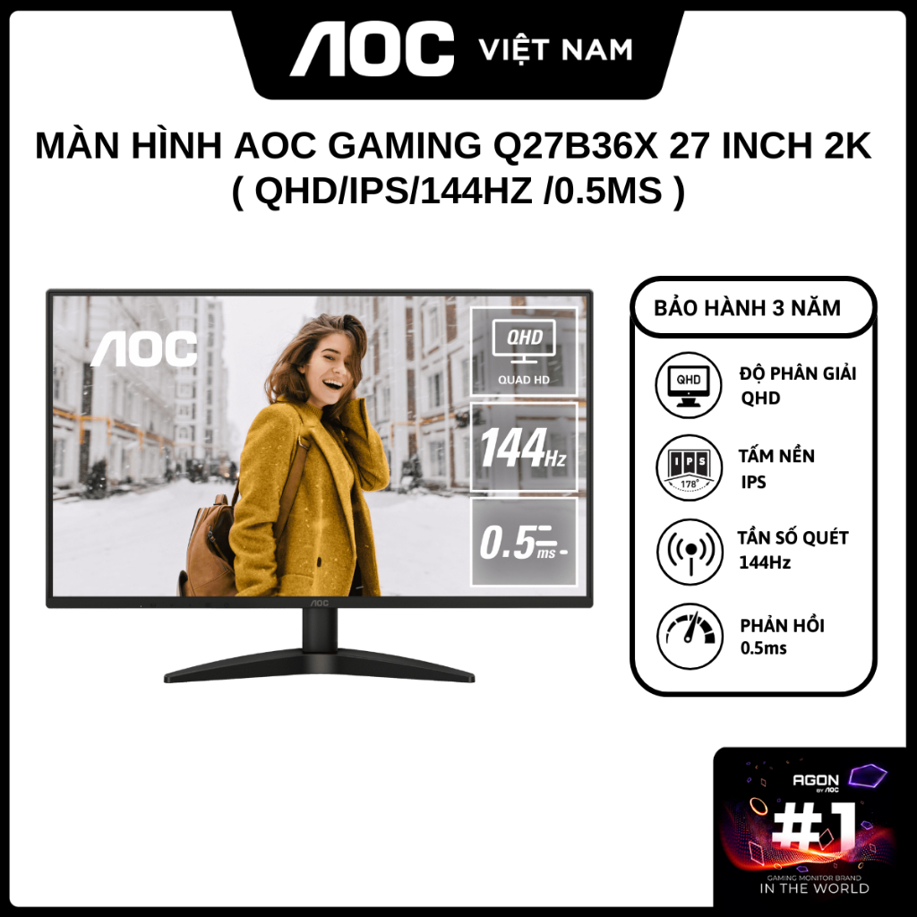 Màn Hình AOC Gaming Q27B36X 27 inch 2K ( QHD/IPS/144Hz /0.5ms ) - Hàng Chính Hãng