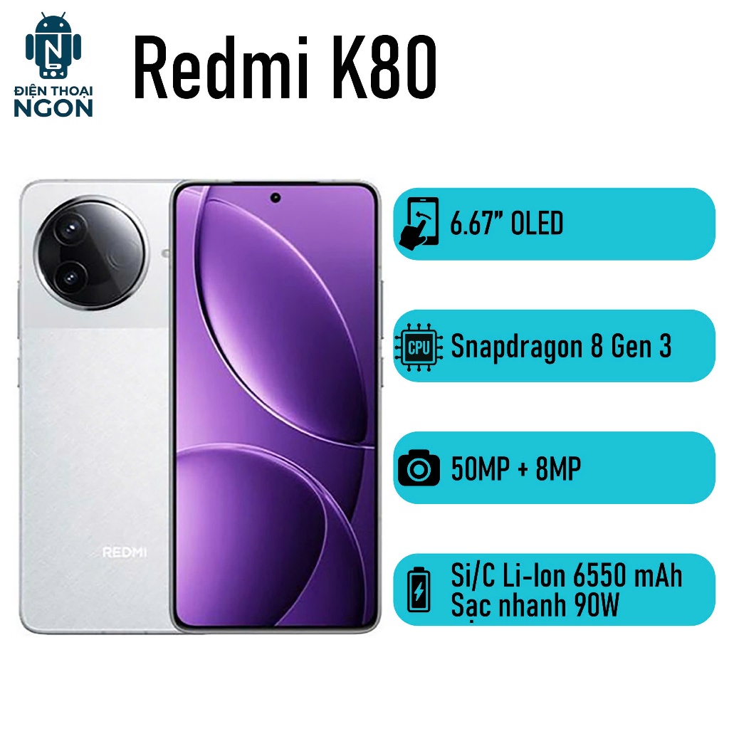 [Máy Cũ] Điện thoại Redmi K80 - Snapdragon 8 Gen 3 - RAM 12/256GB - Camera 50MP - Pin 6550 mAh - Côn