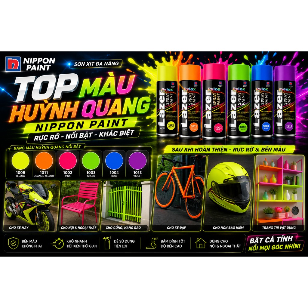 Sơn xịt TOP màu HUỲNH QUANG- Chính hãng NIPPON PAINT - Dung tích 400mlo