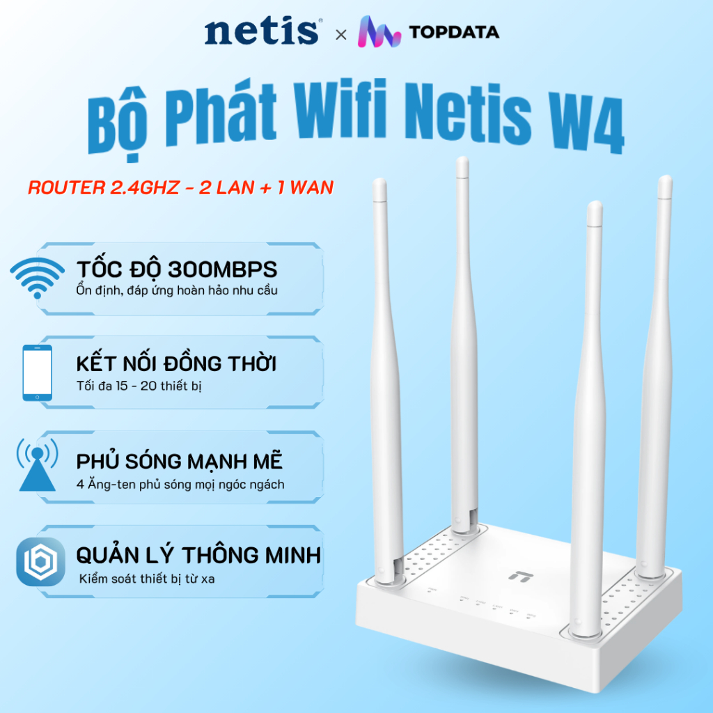 Bộ Phát Wifi Netis W4 - Tốc Độ 300Mbps - Dễ Dàng Lắp Đặt - Phủ Sóng Ổn Định - Hỗ Trợ App BeeWiFi