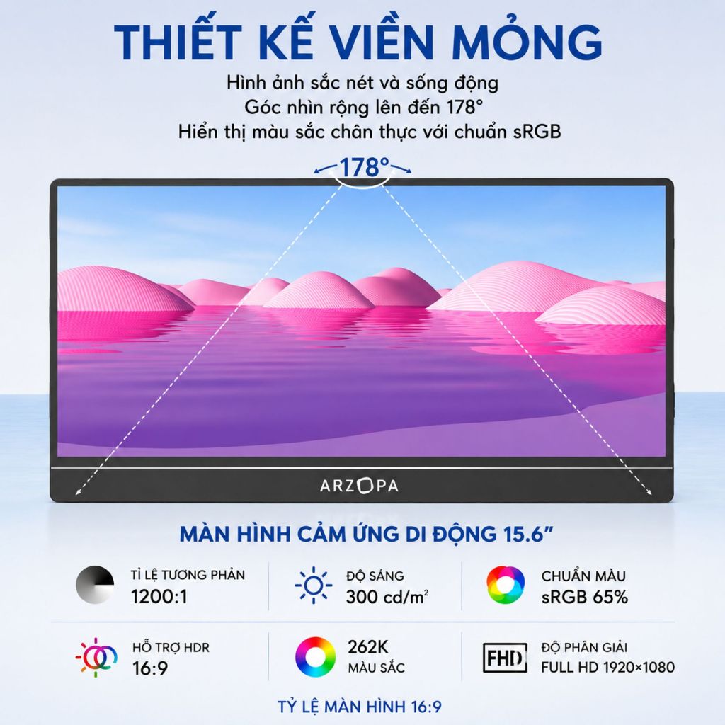 Màn hình di động cảm ứng ARZOPA A1T 15,6 Inch 60Hz FHD 1080P IPS 350nits | Laptop, Mobile, PC, MAC | BigBuy360 - bigbuy360.vn