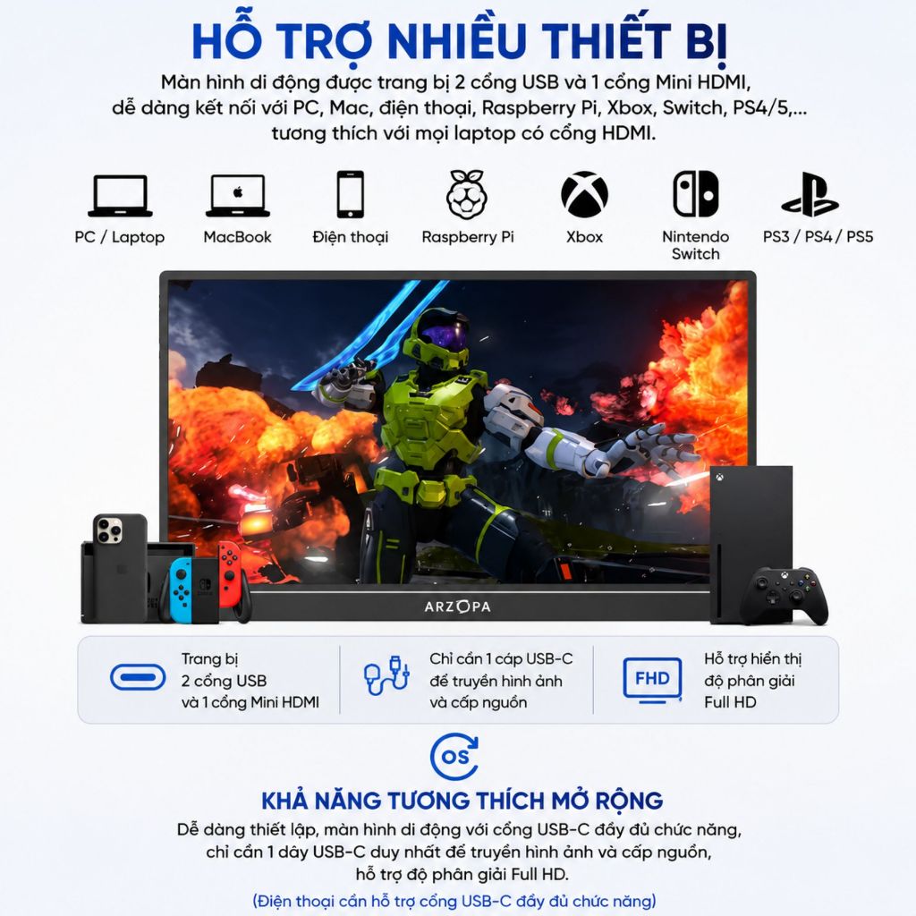 Màn hình di động cảm ứng ARZOPA A1T 15,6 Inch 60Hz FHD 1080P IPS 350nits | Laptop, Mobile, PC, MAC | BigBuy360 - bigbuy360.vn