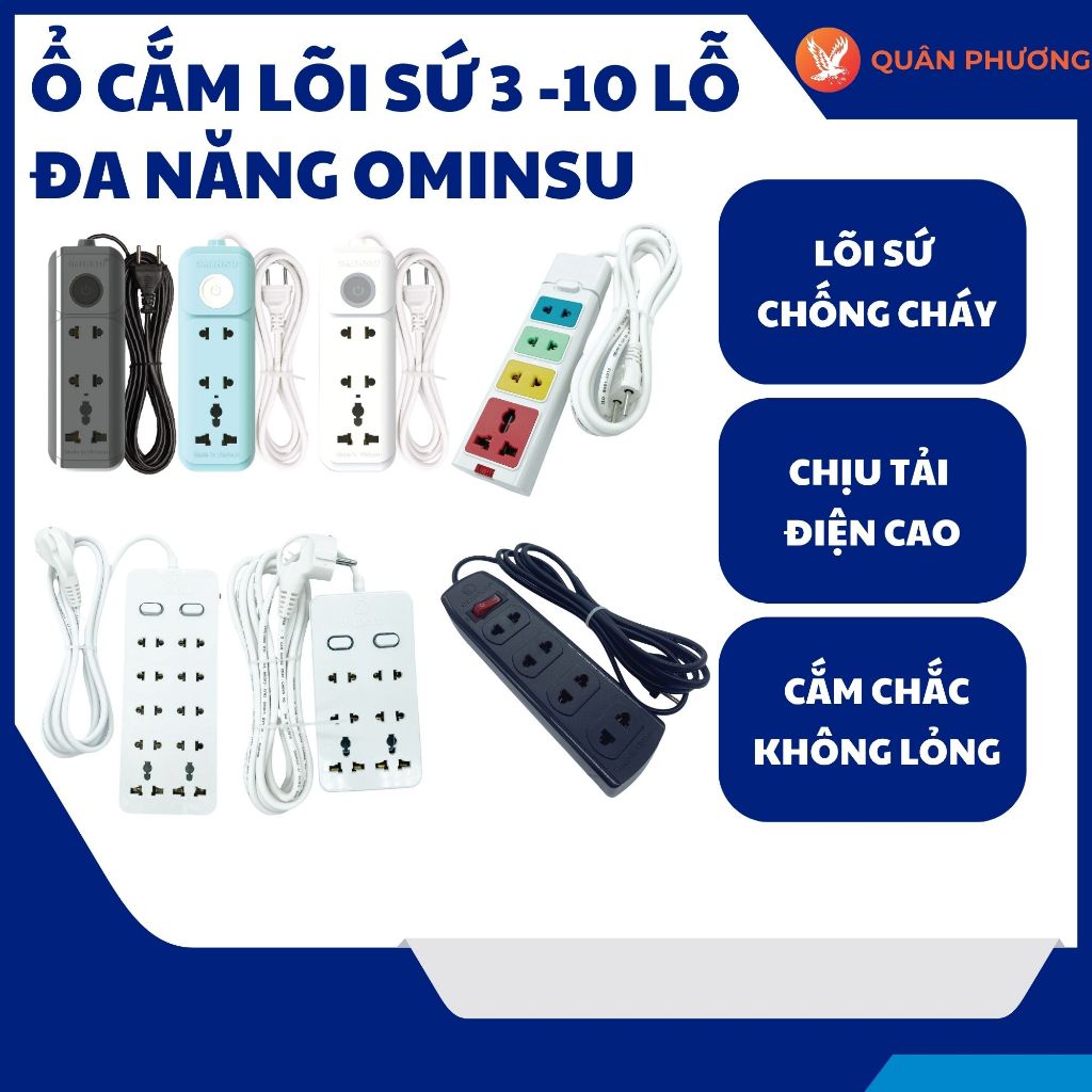 Ổ Cắm Lõi Sứ Chịu Tải Cao Ominsu - Ổ Cắm Đa Năng 3-10 Lỗ Chống Cháy Siêu Bền