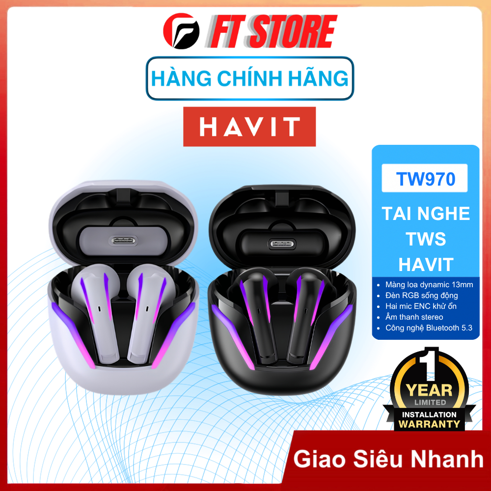 Tai Nghe TWS Havit TW970 Bluetooth 5.3 – Chip JL7006F8, Độ Trễ 18ms, Pin 45mAh + Dock 400mAh, Type-C