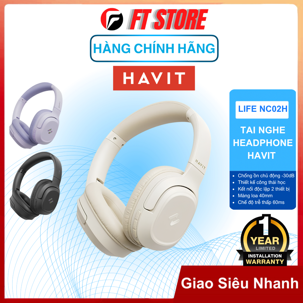 Tai Nghe Headphone Bluetooth Havit Life NC02H – Bluetooth 5.4, ANC -30dB, Pin 50H, Driver 40mm