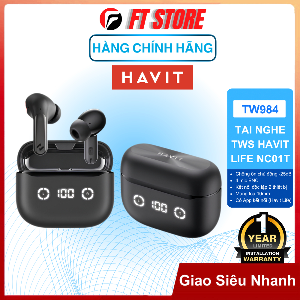 Tai Nghe TWS Havit Life NC01T TW984 Bluetooth 5.4, ENC 4 Mic, Pin 40mAh + Dock 420mAh, LED Display