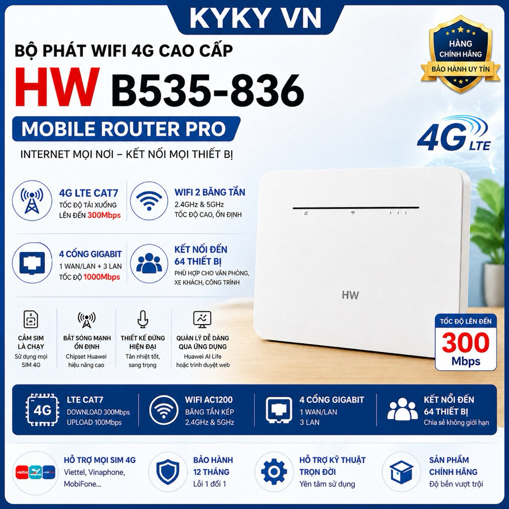 Bộ Phát Wifi 4G HUAWEI B535-836 lắp sim Tốc Độ 300Mbps, WiFi 2 Băng Tần 5GHz, 2.4Hz Chịu Tải 64 Thiế