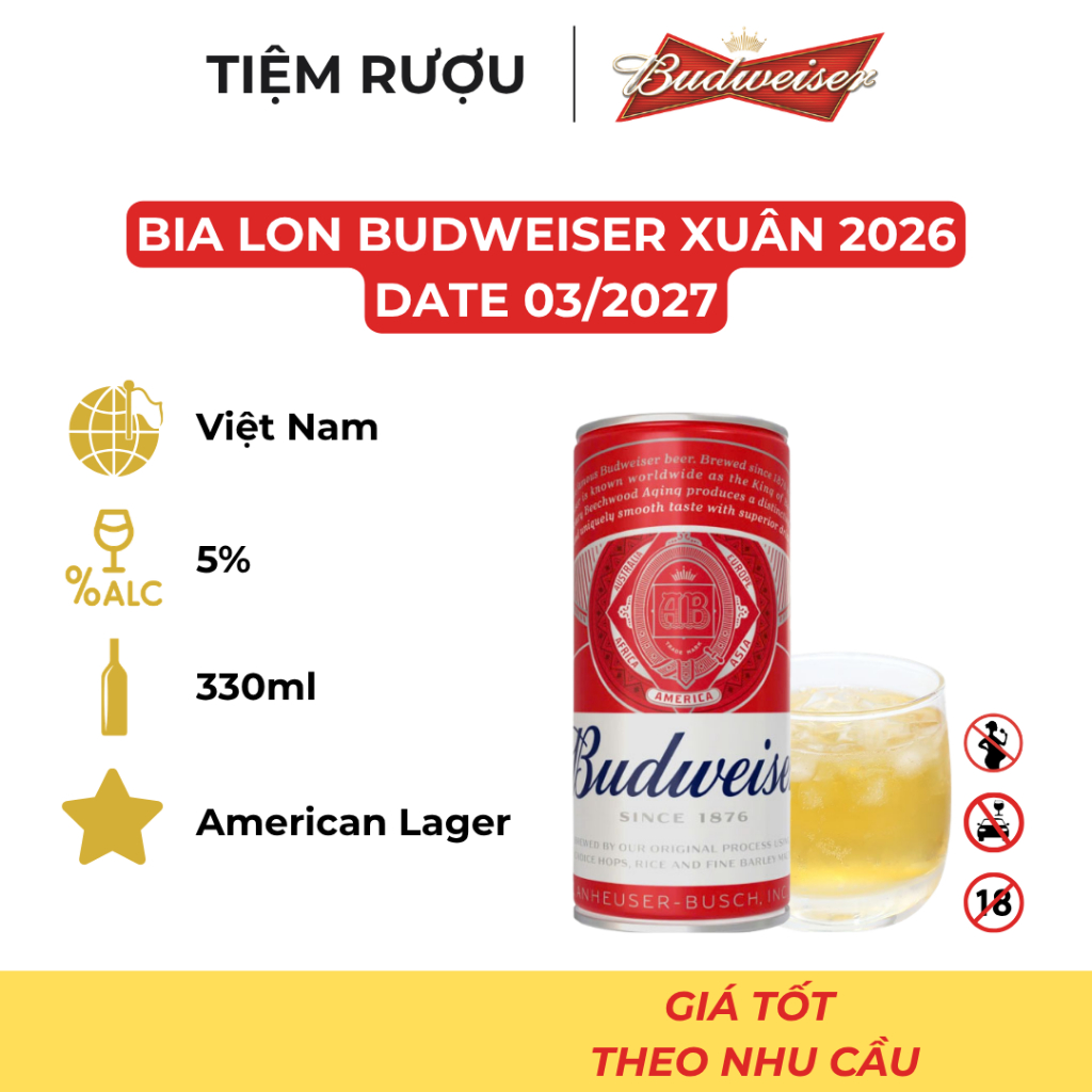 Bia Việt Nam Budweiser Xuân 2026 Nồng Độ 5%, Lon 330ml, Date 03/2027 - Sắc Đỏ Tết, Ngựa Vàng May Mắn