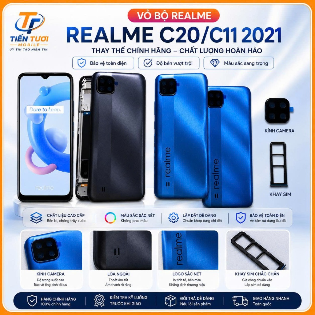 Vỏ bộ Realme C20/C11 2021(Lưng + xương + kính camera + nút nhựa)