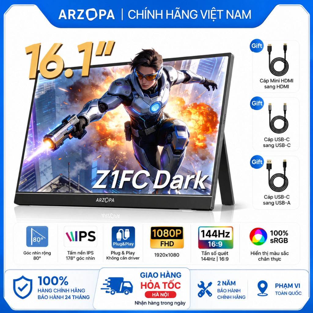 [Hỏa tốc Hà Nội] Màn Hình Di Động ARZOPA Z1FC 16.1" 144Hz IPS FHD |106% sRGB | USB-C HDMI | Full VAT