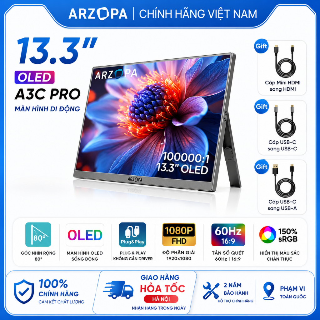 [Hỏa tốc Hà Nội]  Màn Hình Di Động ARZOPA A3C Pro 13.3" OLED FHD | HDR10 | 100% DCI-P3 | USB-C | Chính Hãng | Hỏa Tốc | BigBuy360 - bigbuy360.vn