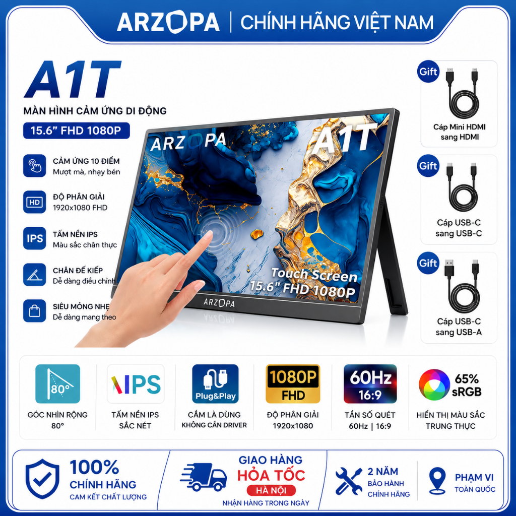 [Hỏa tốc Hà Nội]  Màn Hình Di Động ARZOPA A1T 15.6" IPS FHD Cảm Ứng | HDR10 | USB-C Mini HDMI | Chín
