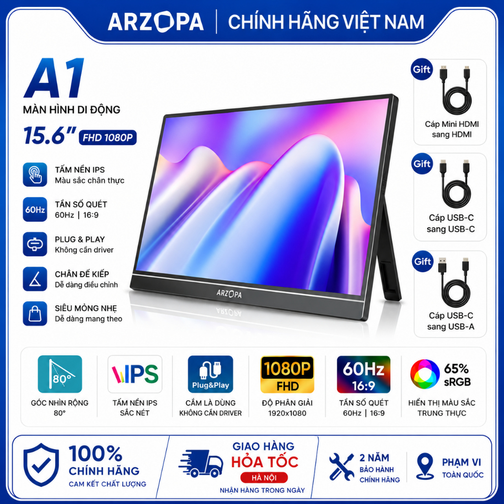 [Hỏa tốc Hà Nội]  Màn Hình Di Động ARZOPA A1 15.6" IPS FHD | HDR | Loa Kép | USB-C HDMI | Chính Hãng