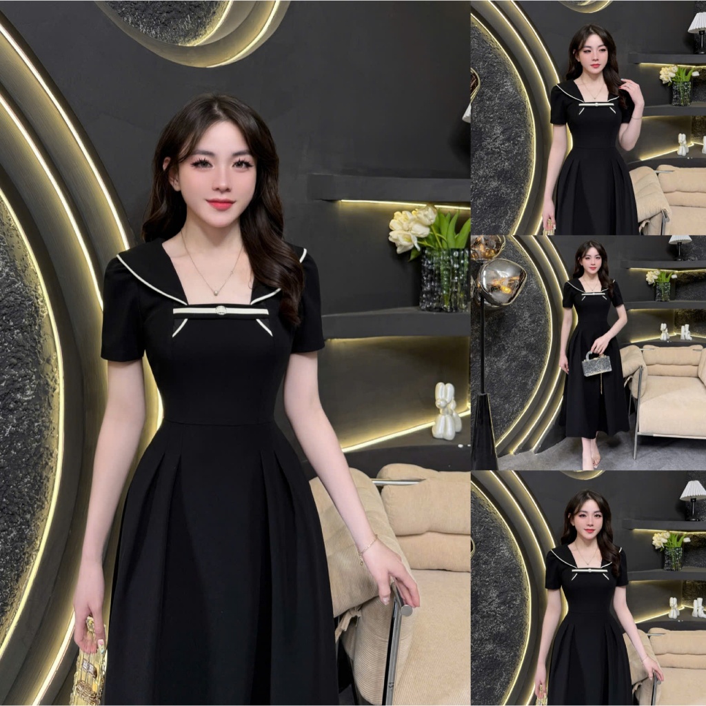 TY167 - Váy Thiết Kế Evii dành cho nữ, Đầm thiết kế cổ vuông cách điệu phối viền, dáng A xòe dài