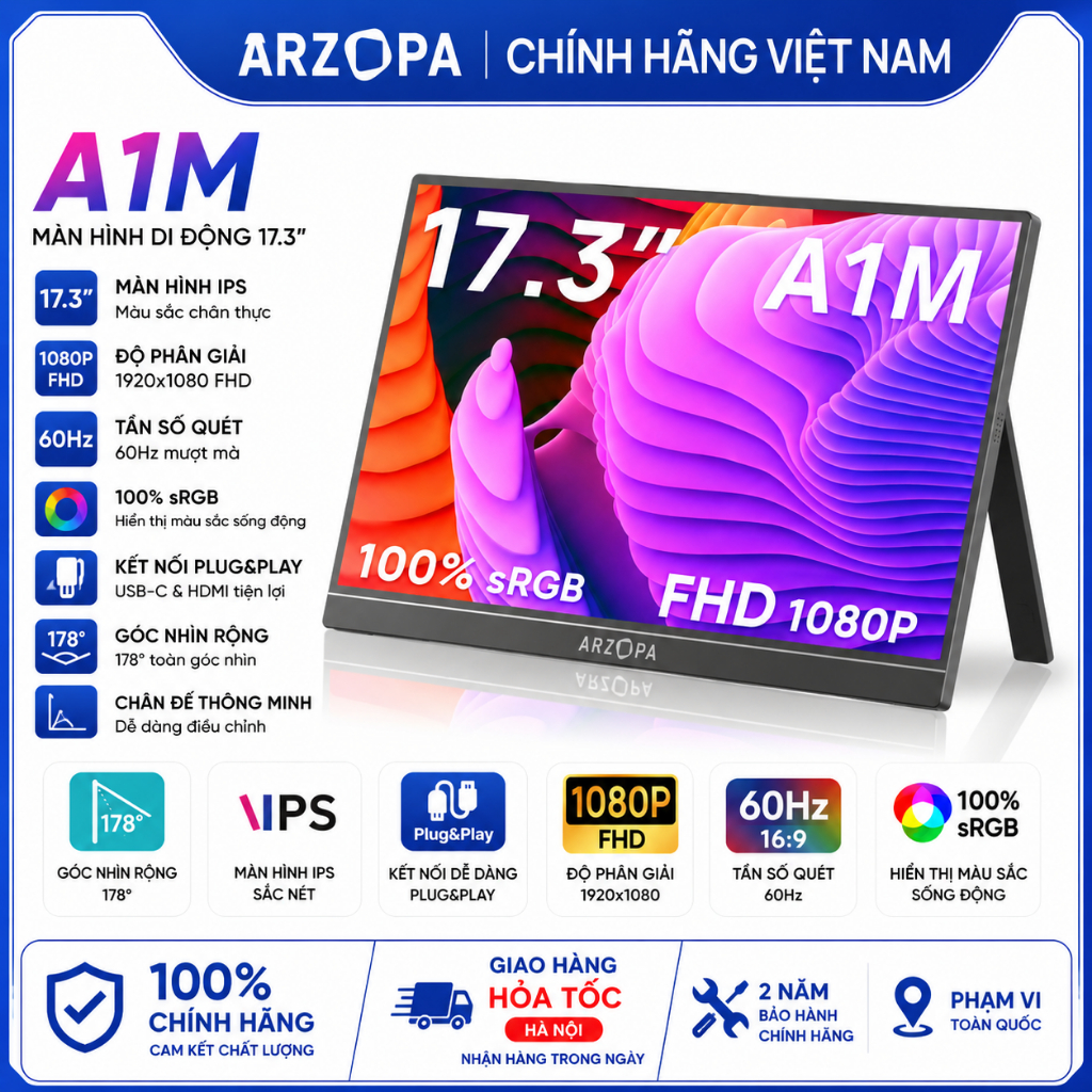 [Hỏa tốc Hà Nội]  Màn Hình Di Động ARZOPA A1M 17.3" IPS FHD | HDR | Plug & Play | USB-C HDMI | Chính