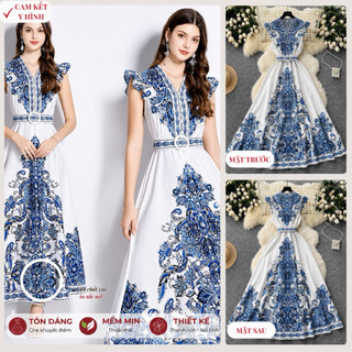 #4783 [Sẵn một số size] Đầm Quảng Châu kèm thắt lưng phong cách retro siêu xinh họa tiết