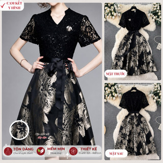 #4593 [Sẵn một số size] Đầm Quảng Châu tay ngắn dáng cổ chữ V chất len dệt kèm dây buộc eo retro