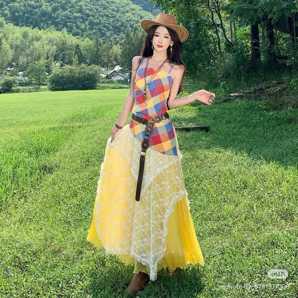 Set Váy 4 Món  Boho Vintage Phối Ren Caro Nữ Tính Style Du Mục Đi Biển Chụp Ảnh Cực Xinh