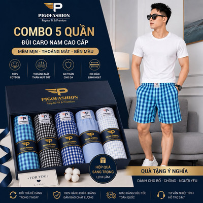 Bộ 5 quần đùi caro mặc nhà kate cotton lưng thun có túi SPMQDCR03 PigoFashion