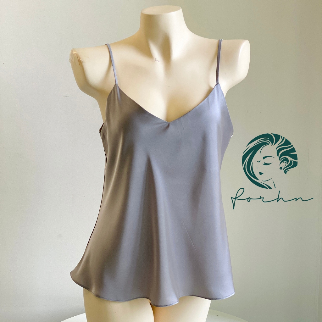 Áo hai dây lụa satin cổ tim màu xám, navy | EDNA TIM FORHN