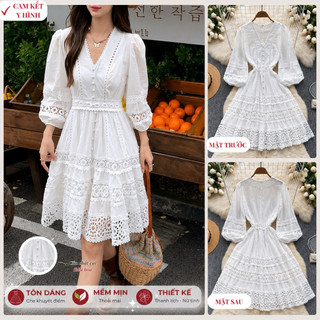 HA5197 [Sẵn một số màu] Đầm Quảng Châu tay lỡ váy cổ chữ V thêu rỗng dáng A 4 màu siêu xinh đi du lịch mùa hè