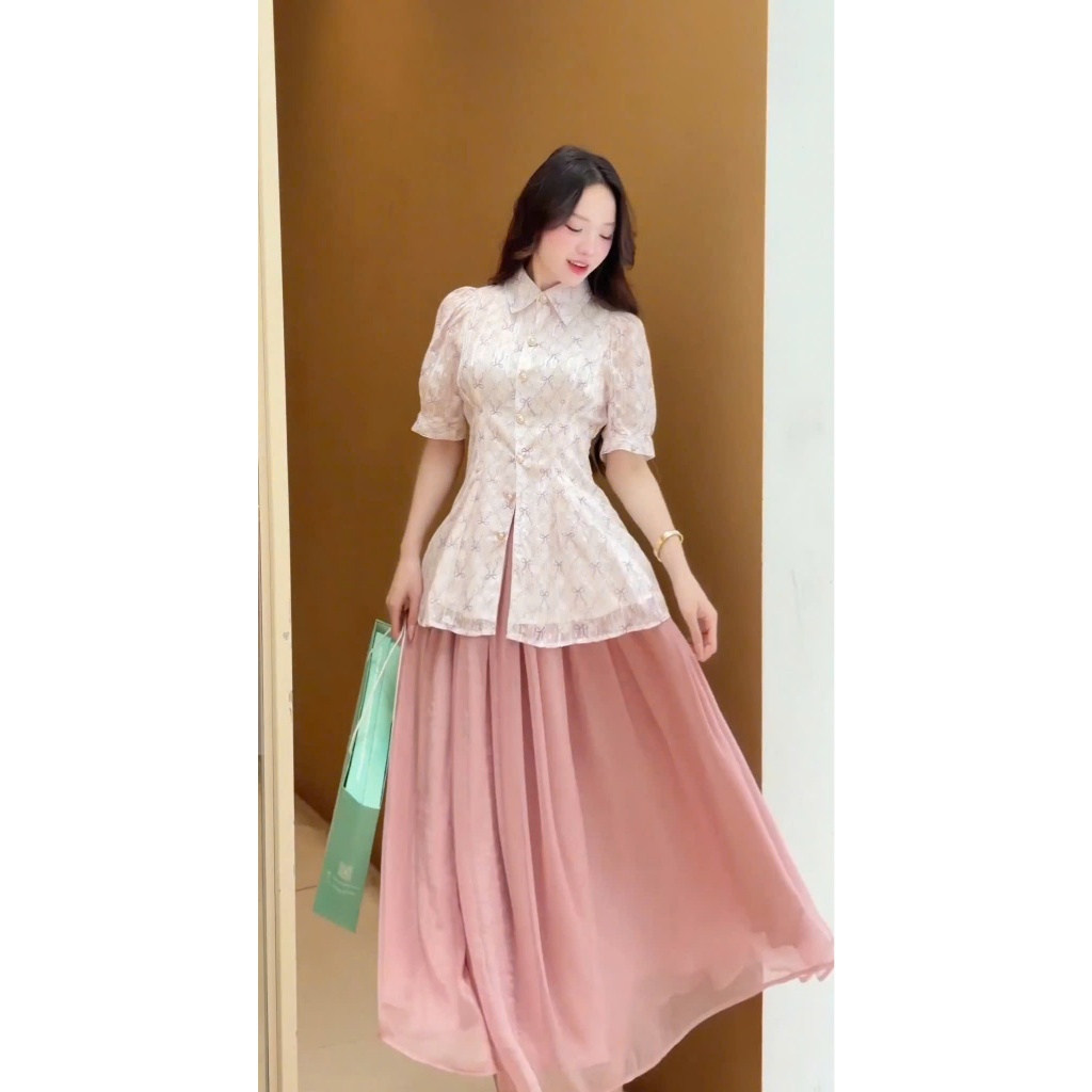 ADELINE HOUSE -{HÀNG MỚI VỀ} 🌸SET ÁO TÍM NƠ  + CHÂN VÁY MIDI DÀI – TK186.1+166.2