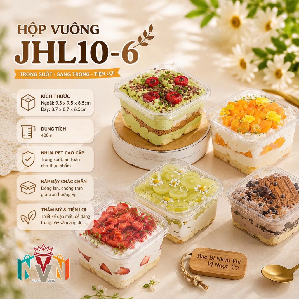 50 Hộp Nhựa Vuông Đựng Bánh Tiramisu, Bánh Lạnh, Mousse Ô Long Nhài Nhãn Hot Trend 400ml (SX306, JLH