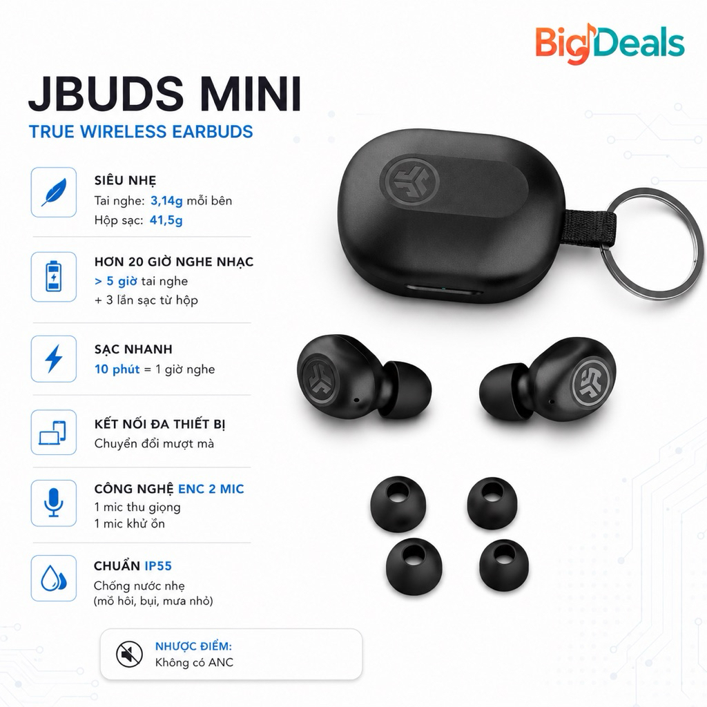 Tai nghe không dây JLab JBuds Mini | Bluetooth 5.3 | Pin 20+ giờ | Chống nước IP55