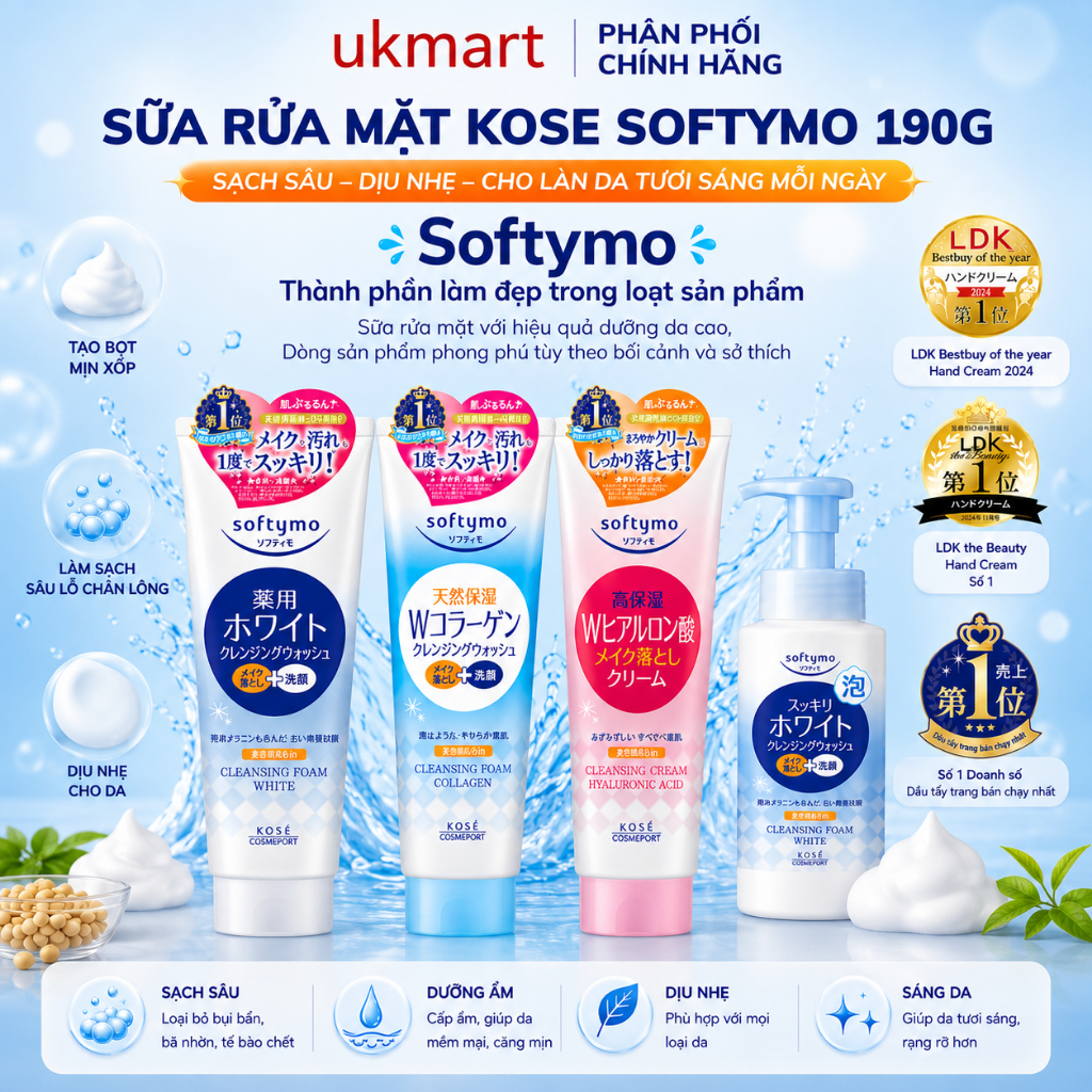 Sữa Rửa Mặt Và Tẩy Trang Tạo Bọt Dưỡng Ẩm, Dưỡng Trắng Kose Softymo Cleansing Foam Nhật Bản