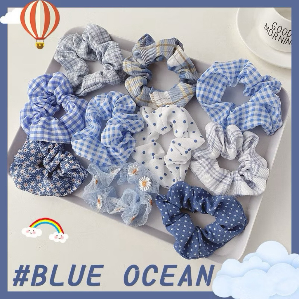 📛 RẺ VÔ ĐỊCH 📛 Dây buộc tóc vải scrunchies họa tiết xanh trắng hot trend phong cách hàn quốc 413