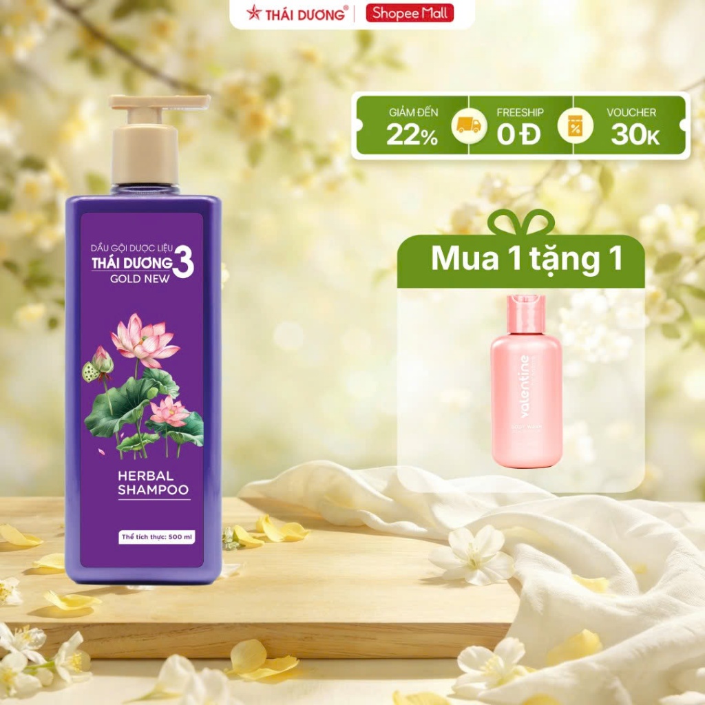 [Live ]  Dầu gội dược liệu Thái Dương 3Gold Hoa sen 500ml dành cho tóc thường,khô tặng gội/tắm Thái 